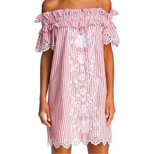 NWT Parker Striped Embroidered Off the Shoulder Dress Small $368